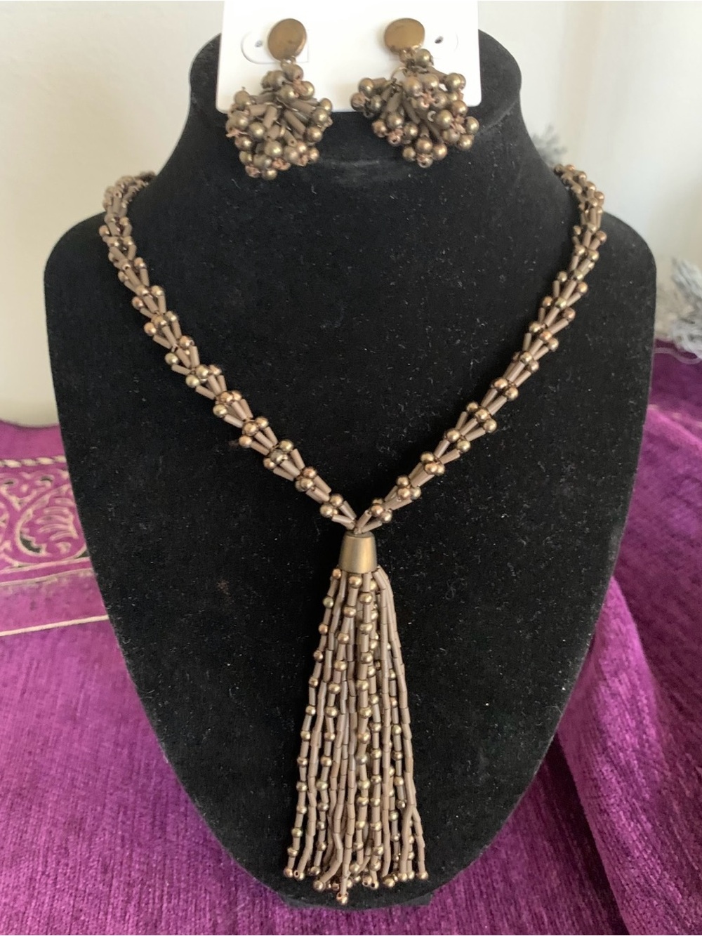 Chico's Boho Espresso Olive Tassel Necklace & Cluster Earrings Set
